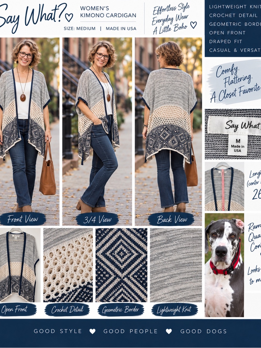 Say What? Women's Kimono Cardigan in Navy, Cream, Gray